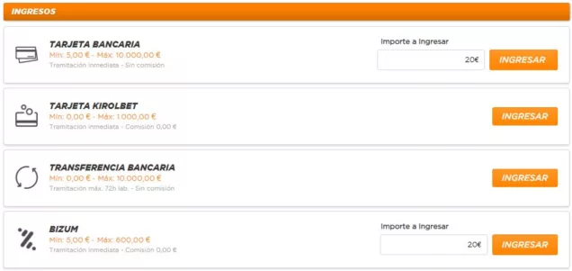 Kirolbet Metodos de Ingreso