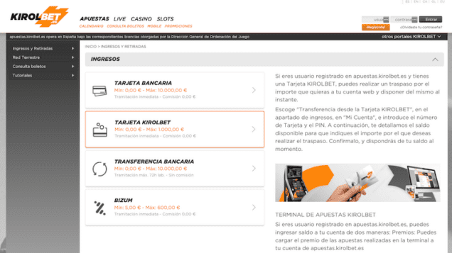 Métodos de depósito aceptados en Kirolbet